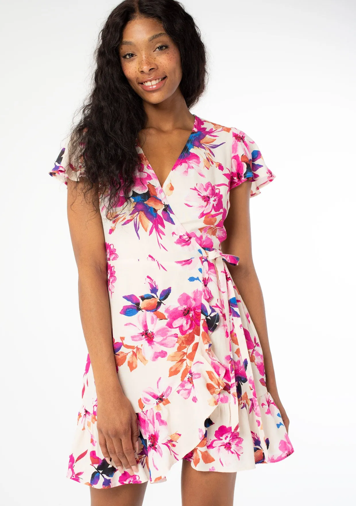 Floral Short Flutter Sleeve Mini Wrap Dress