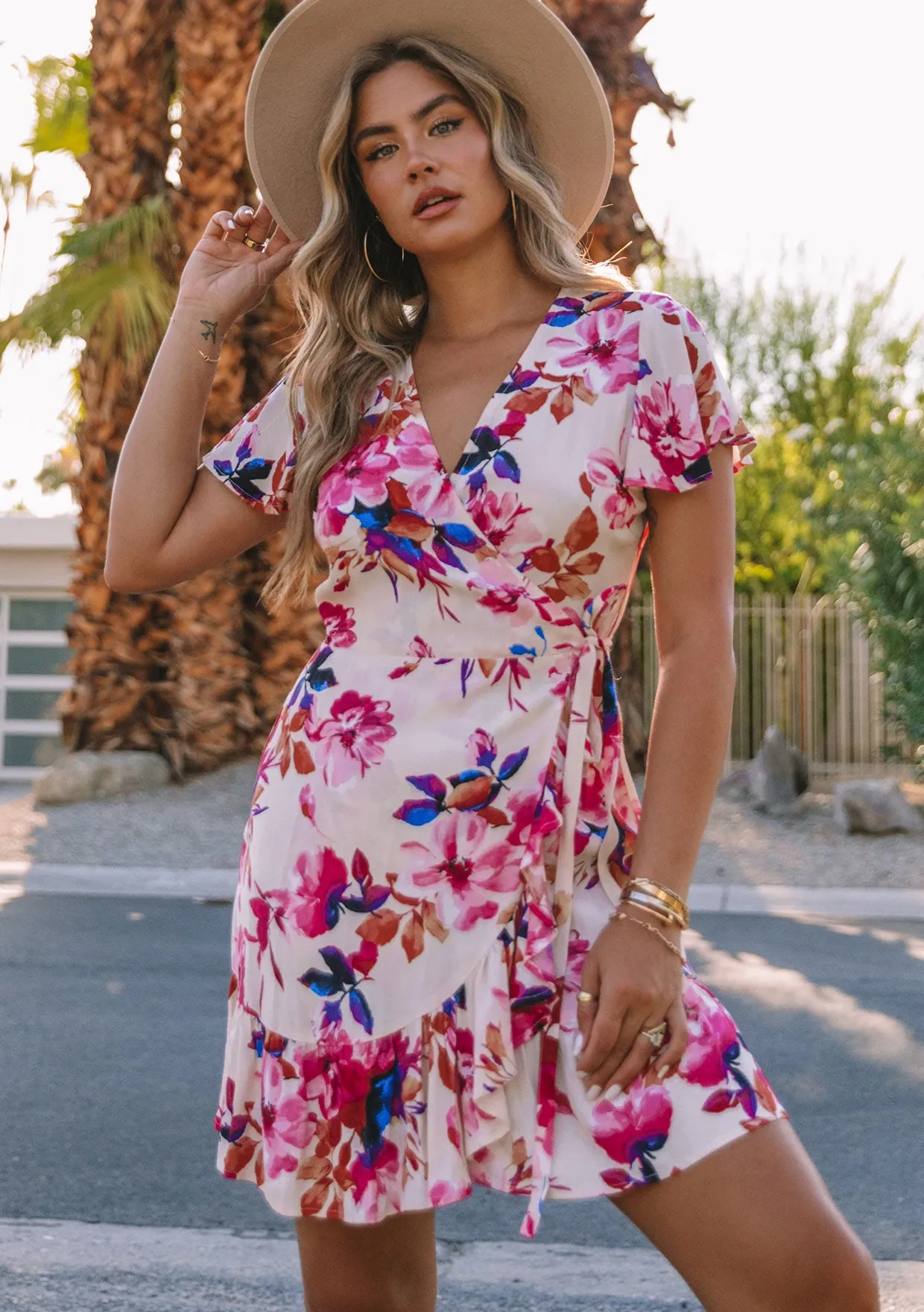 Floral Short Flutter Sleeve Mini Wrap Dress