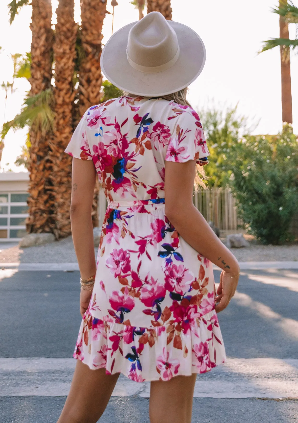 Floral Short Flutter Sleeve Mini Wrap Dress