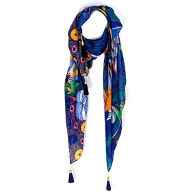 Foliage frenzy scarf with golden bound corner tassel