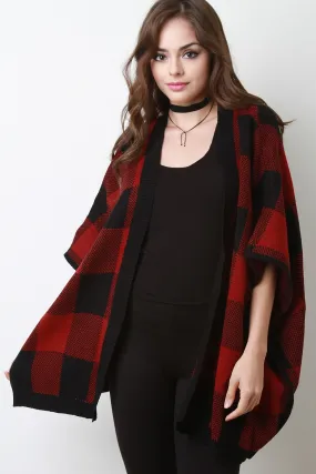 Gingham Sweater Knit Open Front Poncho