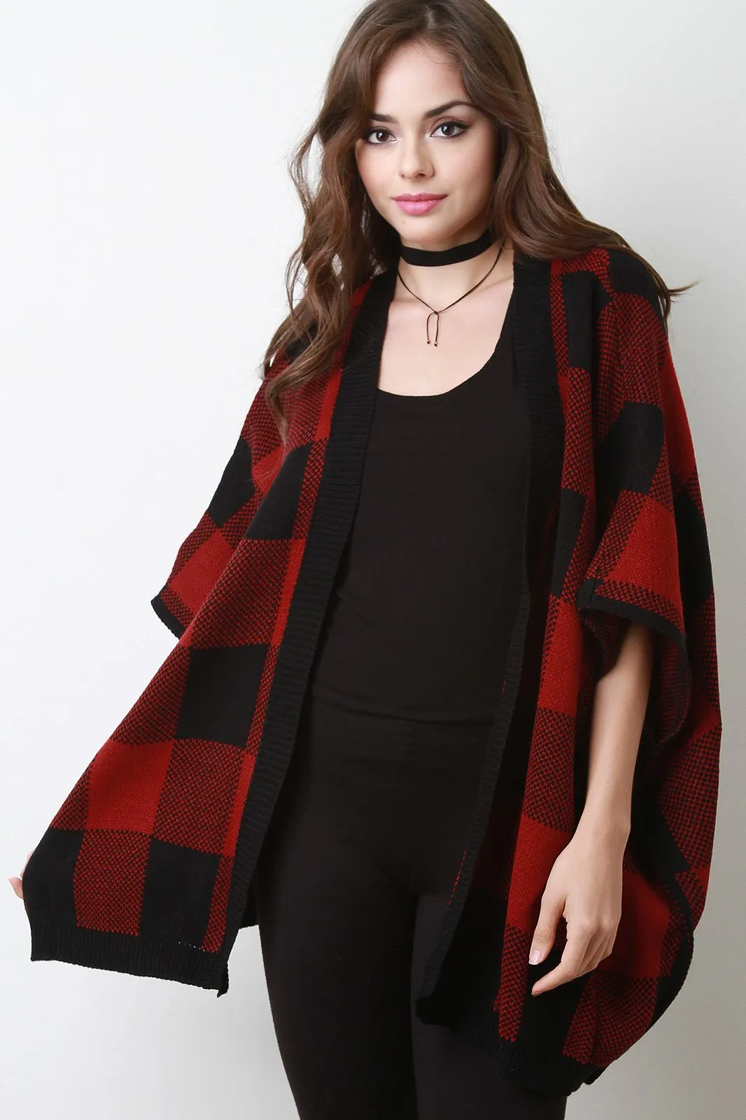 Gingham Sweater Knit Open Front Poncho