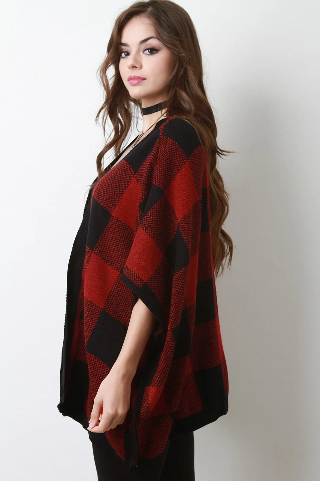 Gingham Sweater Knit Open Front Poncho