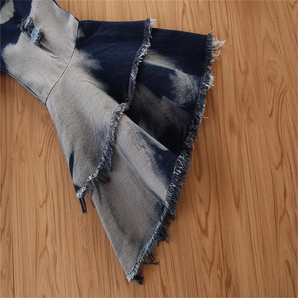 Girls Button Wig Leg Flared Ripped Jeans Little Girl Pants Wholesale