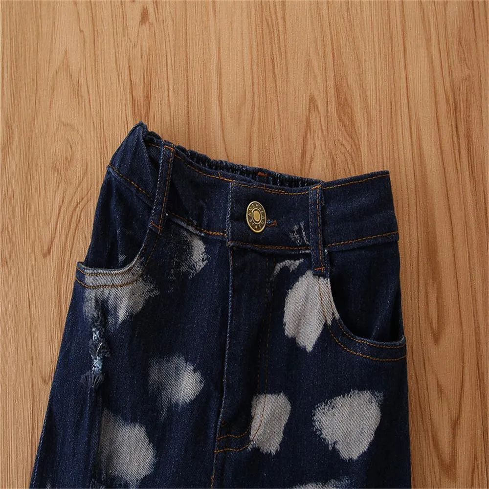 Girls Button Wig Leg Flared Ripped Jeans Little Girl Pants Wholesale