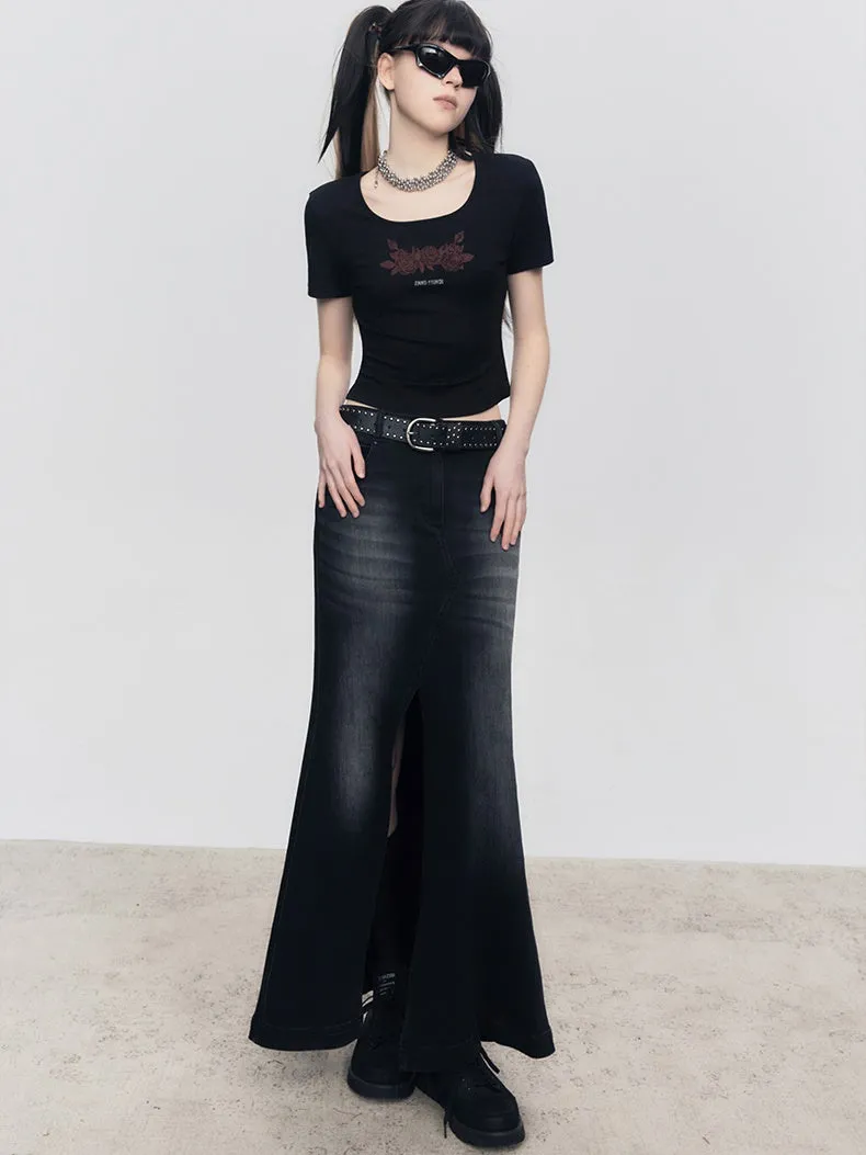 Gradient Mermaid Slit Denim Skirt