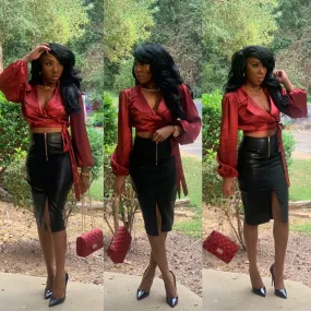 High Waist Zip Front Faux Leather Skirt
