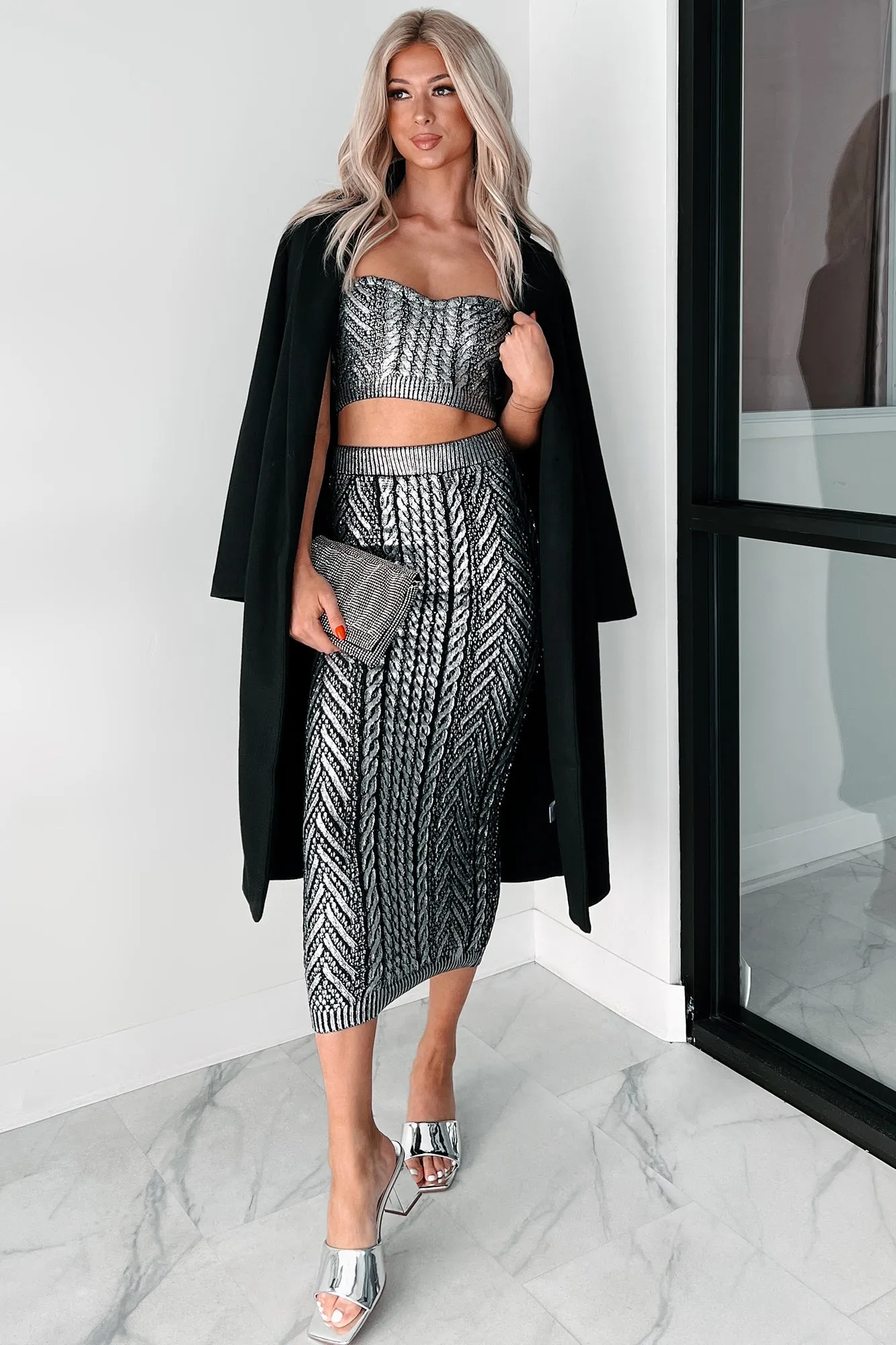 Keep Their Attention Metallic Tube Top & Skirt Set (Black/Silver)