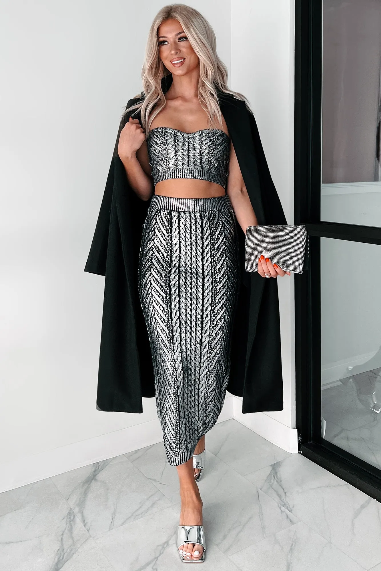 Keep Their Attention Metallic Tube Top & Skirt Set (Black/Silver)