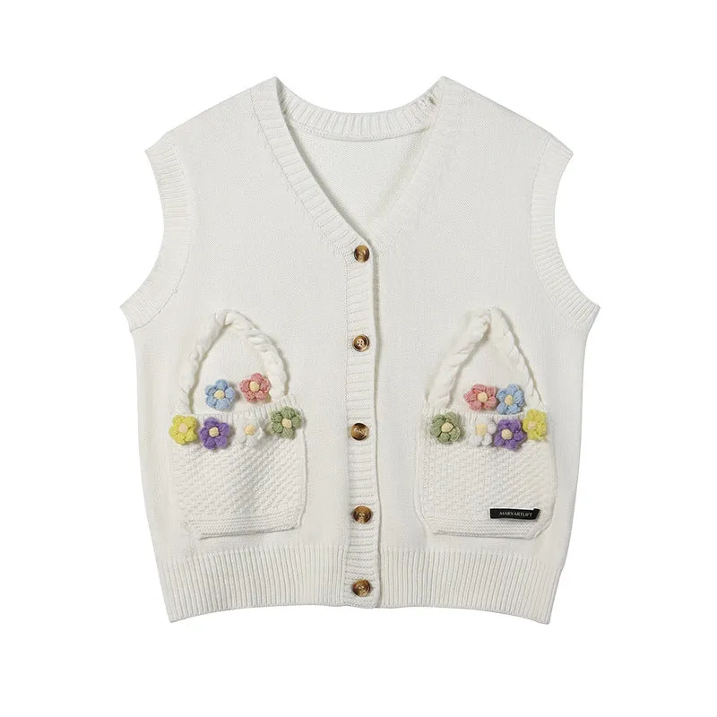 Knitted Vest Women's Floral Cardigan Vest Sweet Sweater