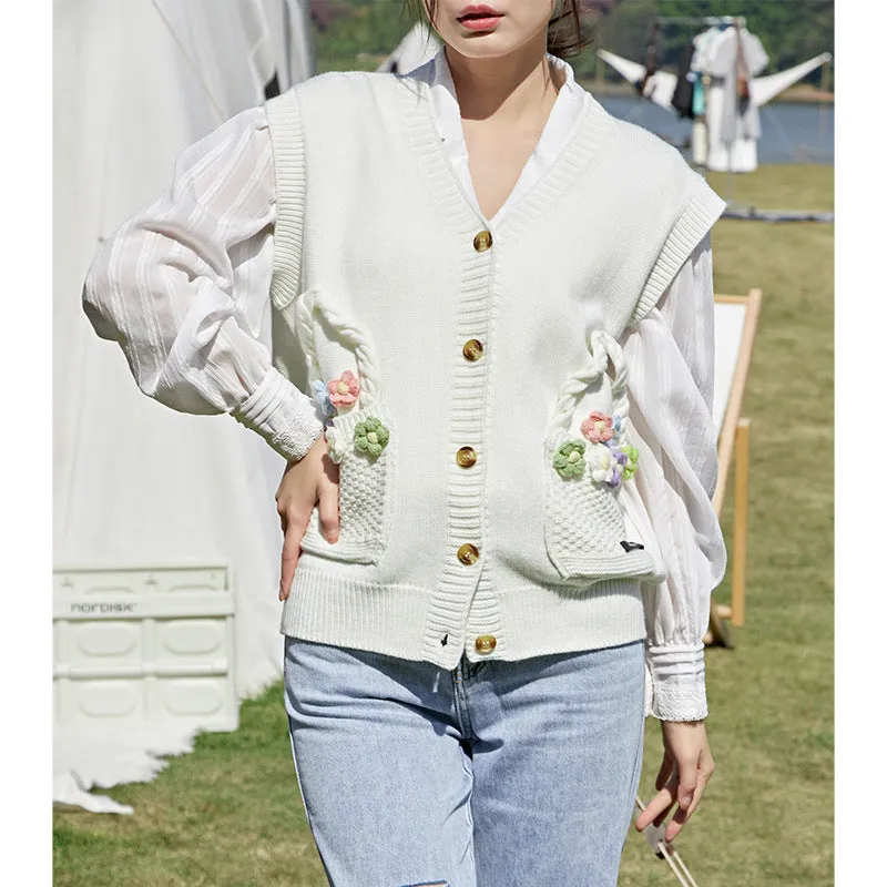 Knitted Vest Women's Floral Cardigan Vest Sweet Sweater