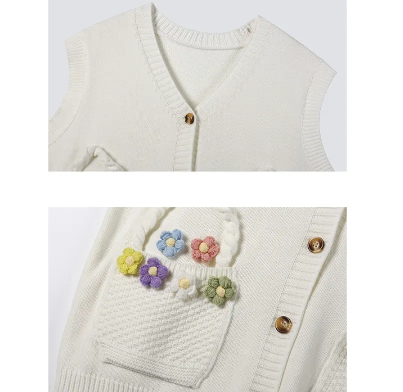 Knitted Vest Women's Floral Cardigan Vest Sweet Sweater