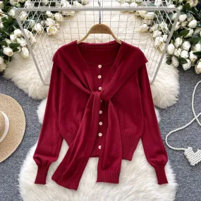Lace-up Cape&Cardigan Knitted 2Pcs