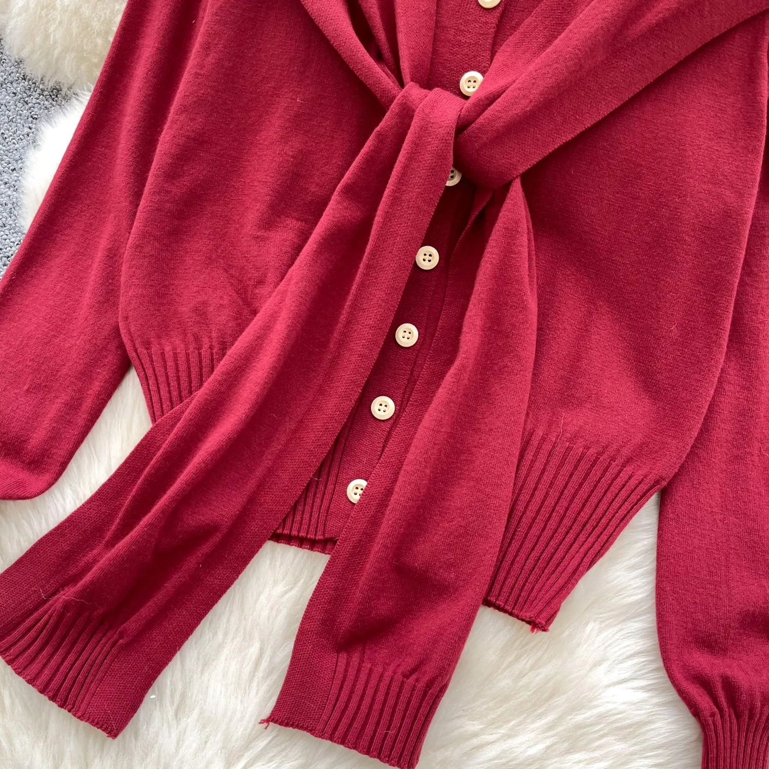 Lace-up Cape&Cardigan Knitted 2Pcs