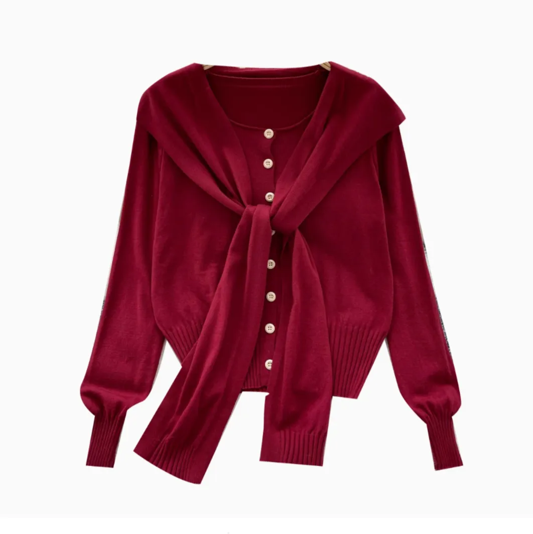 Lace-up Cape&Cardigan Knitted 2Pcs