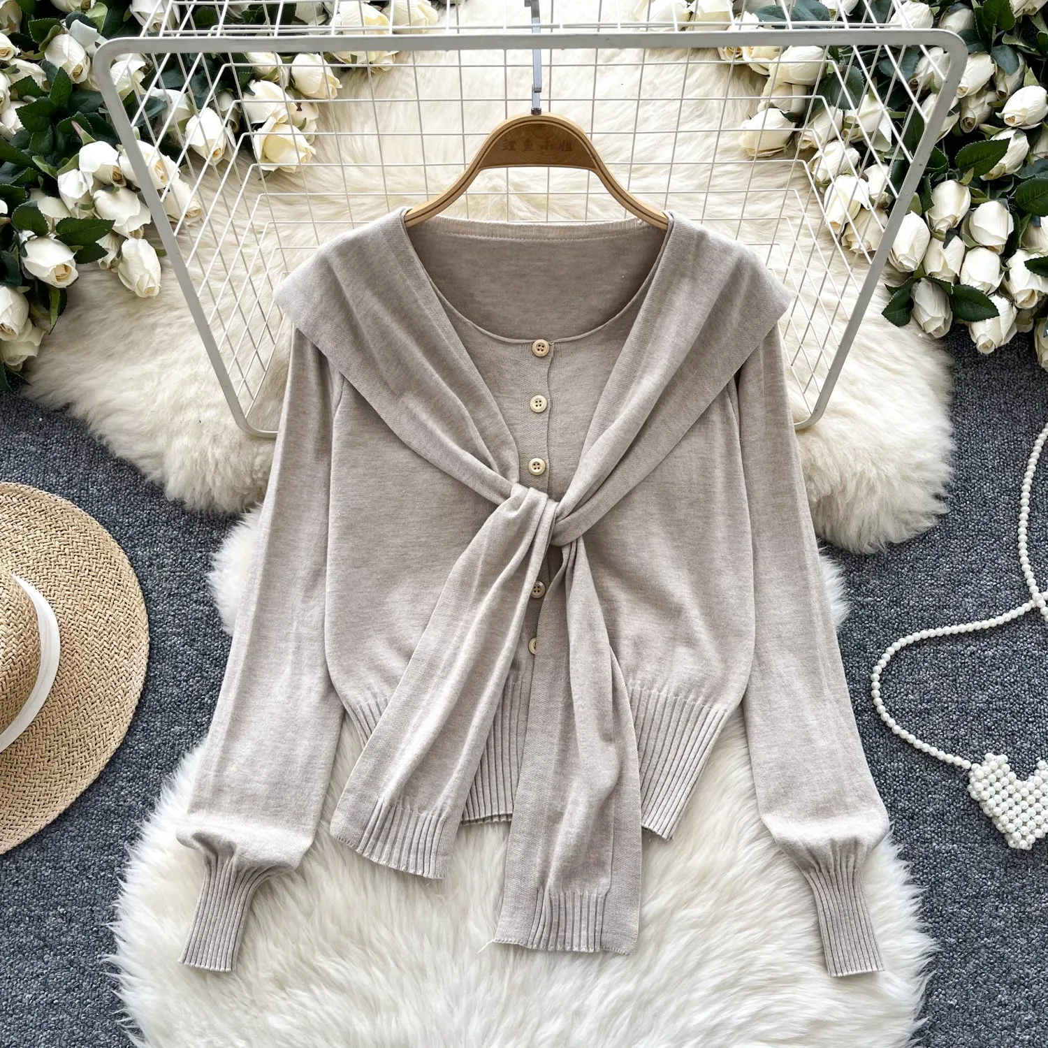 Lace-up Cape&Cardigan Knitted 2Pcs