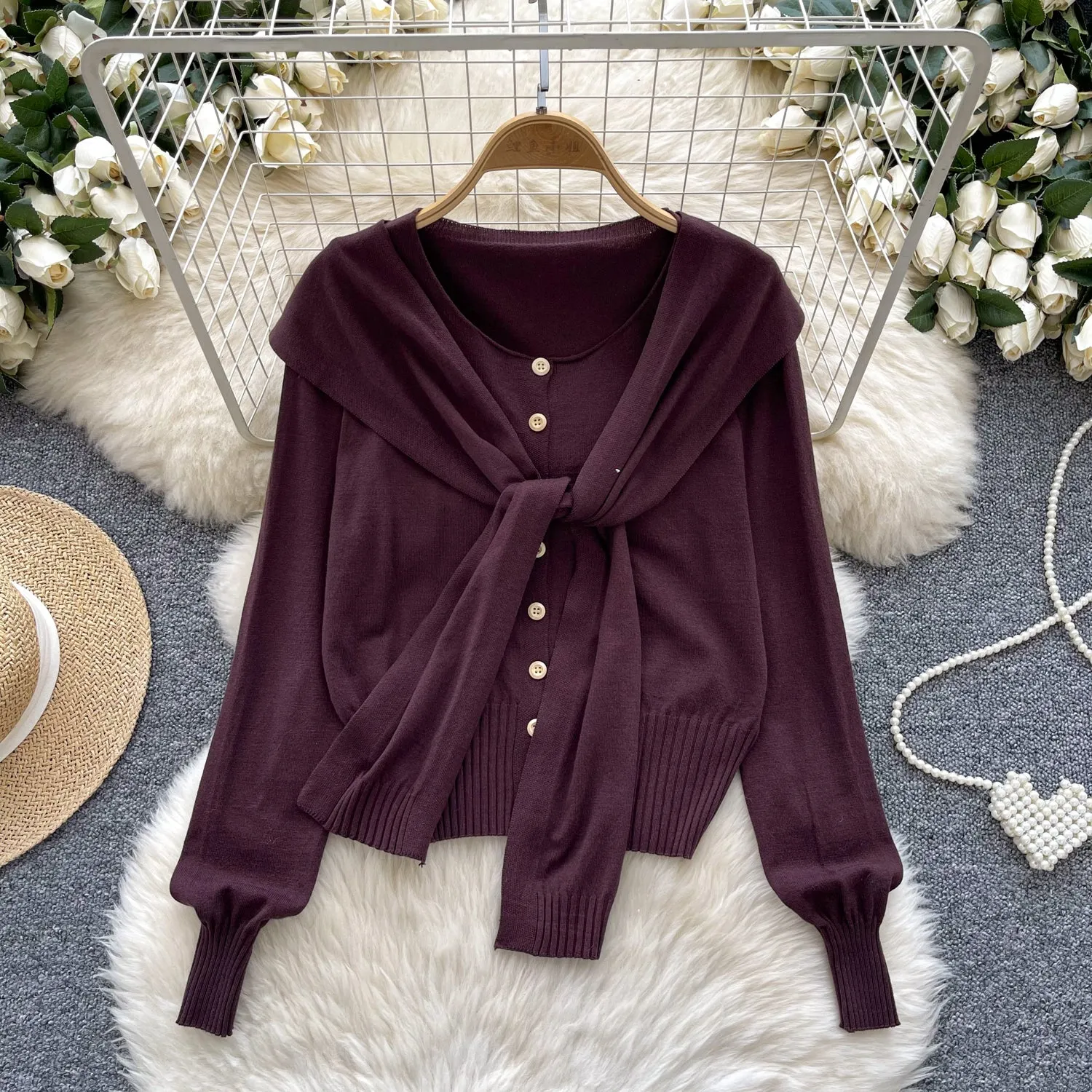 Lace-up Cape&Cardigan Knitted 2Pcs