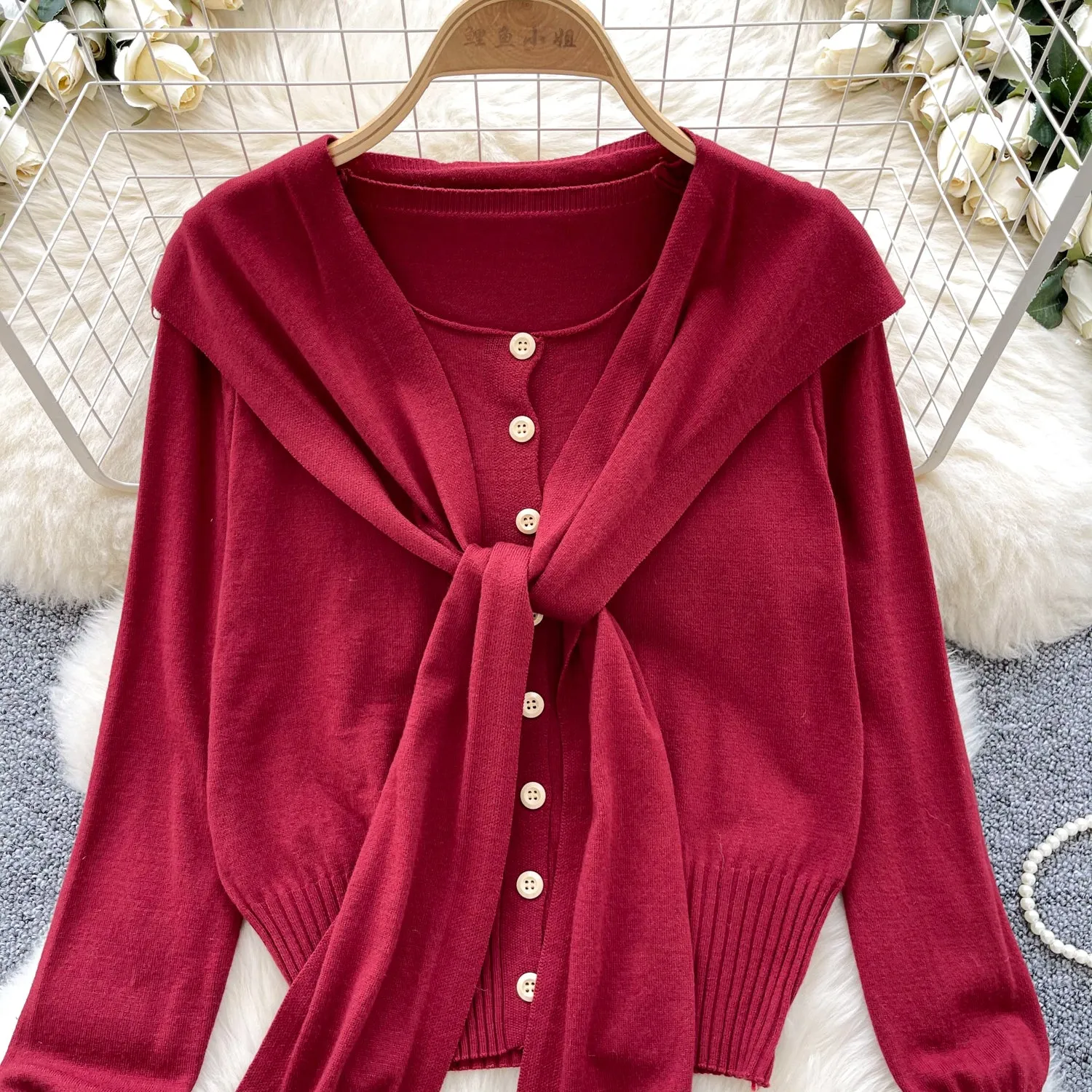 Lace-up Cape&Cardigan Knitted 2Pcs