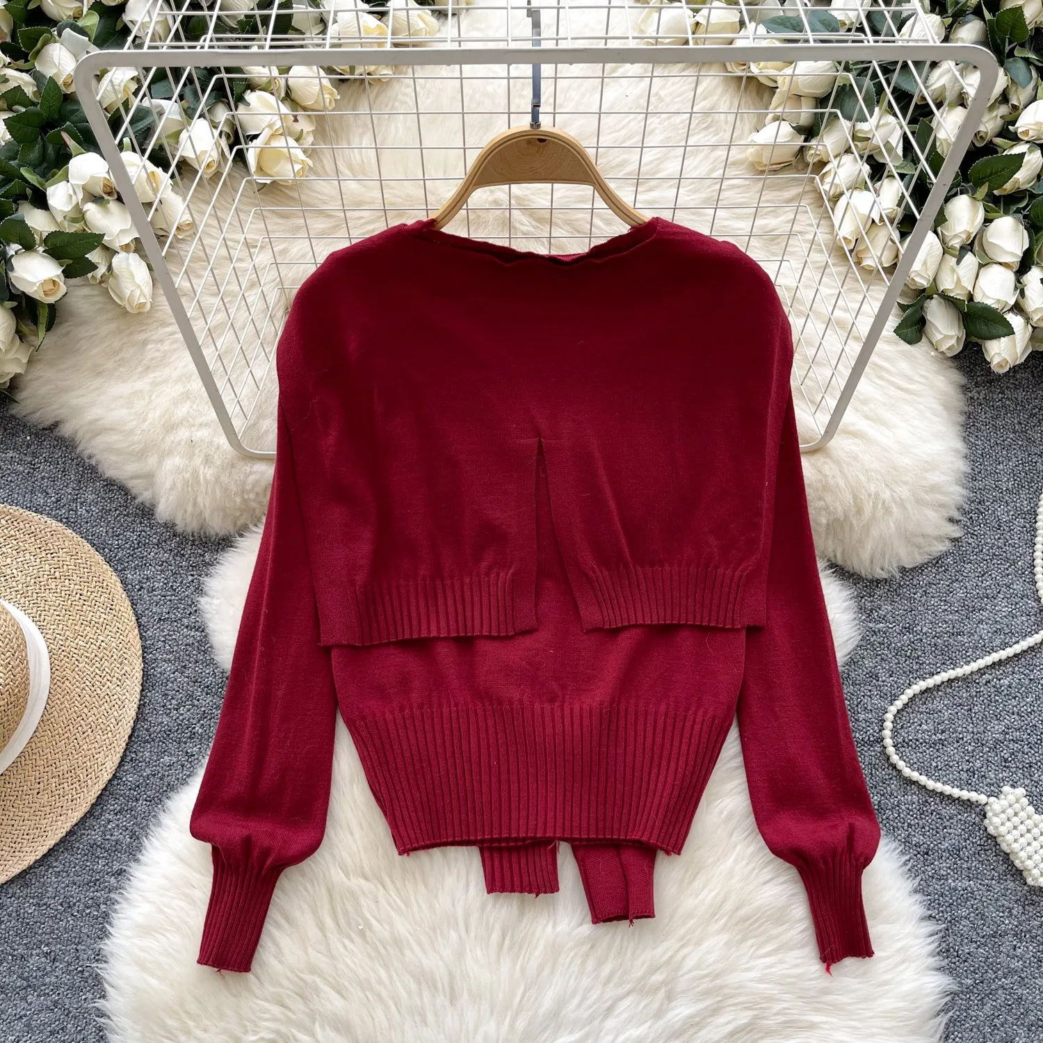Lace-up Cape&Cardigan Knitted 2Pcs