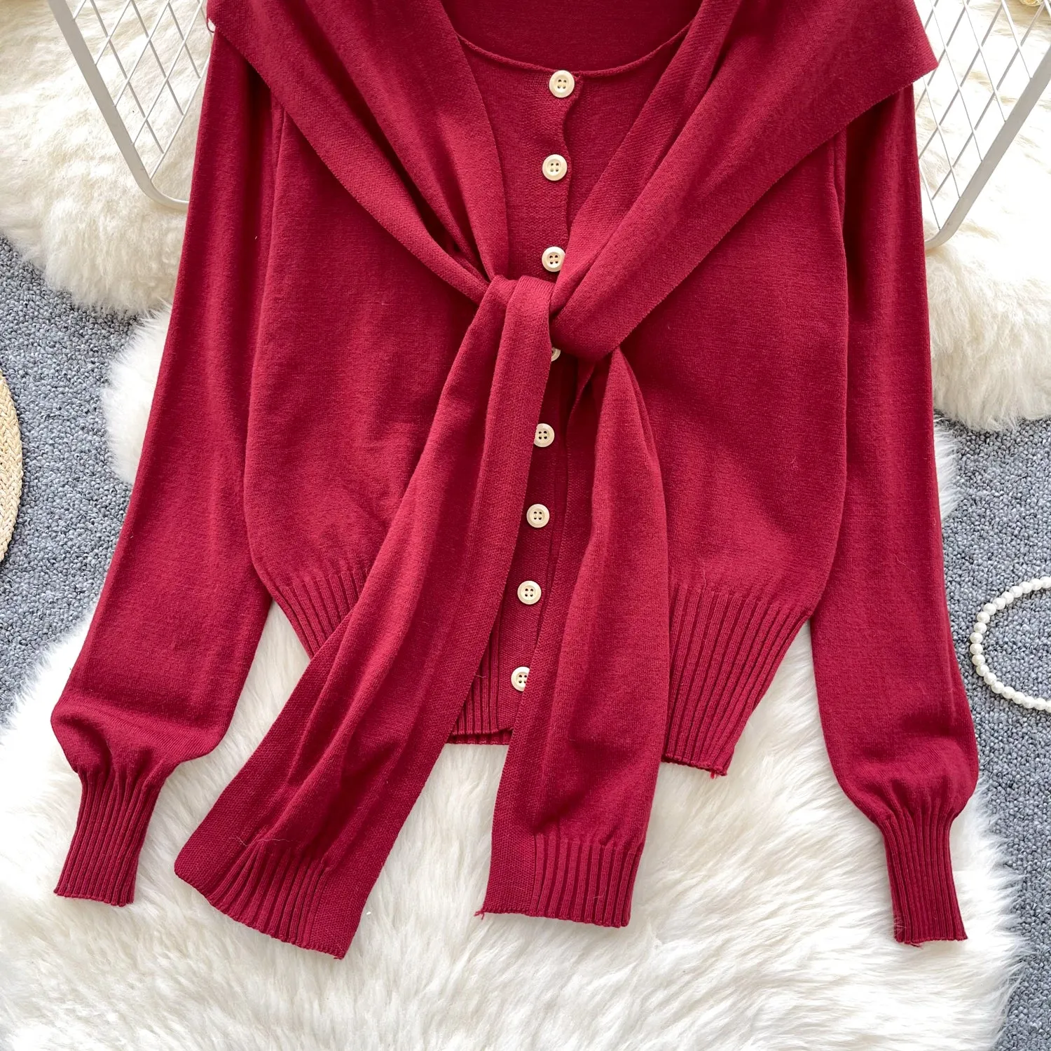 Lace-up Cape&Cardigan Knitted 2Pcs