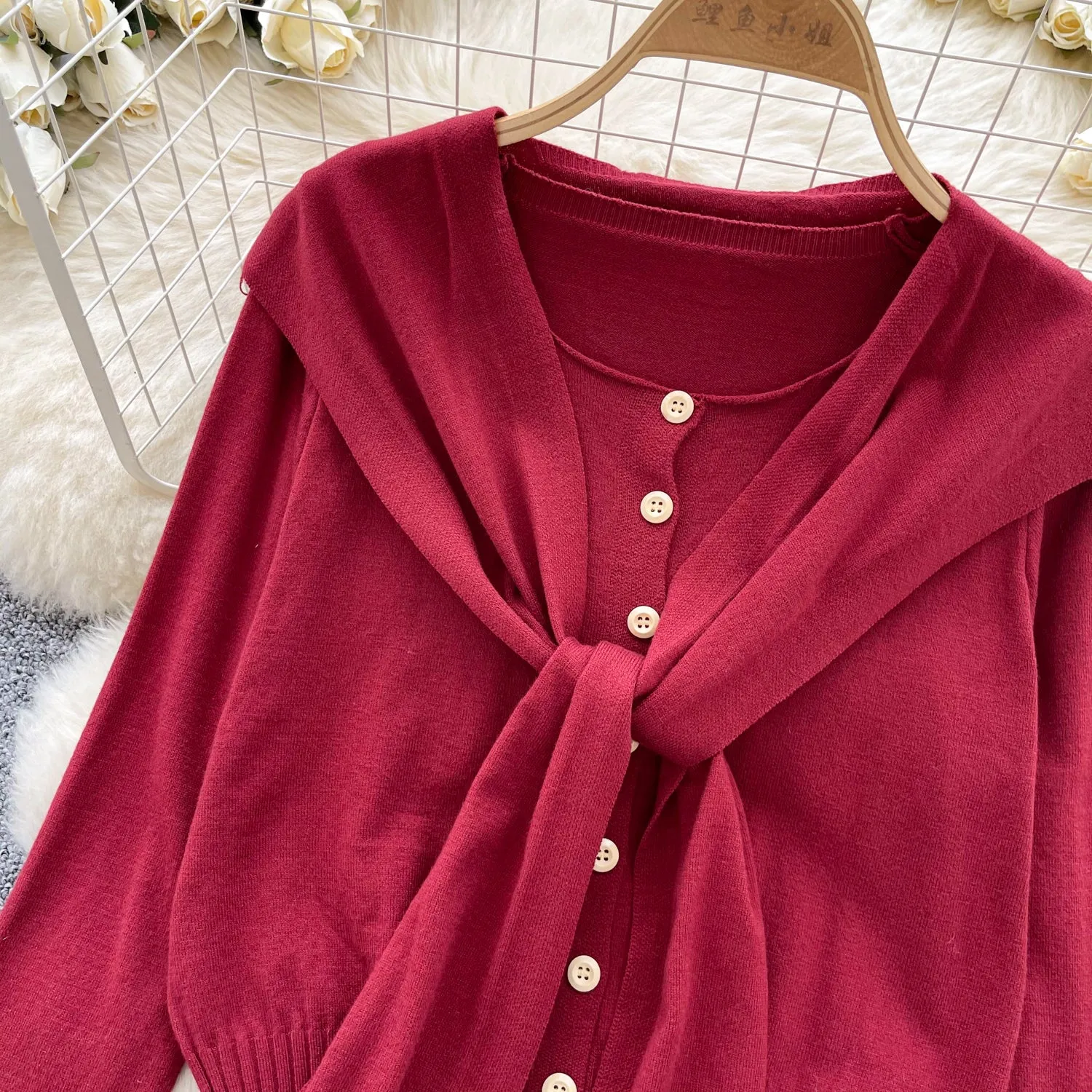Lace-up Cape&Cardigan Knitted 2Pcs