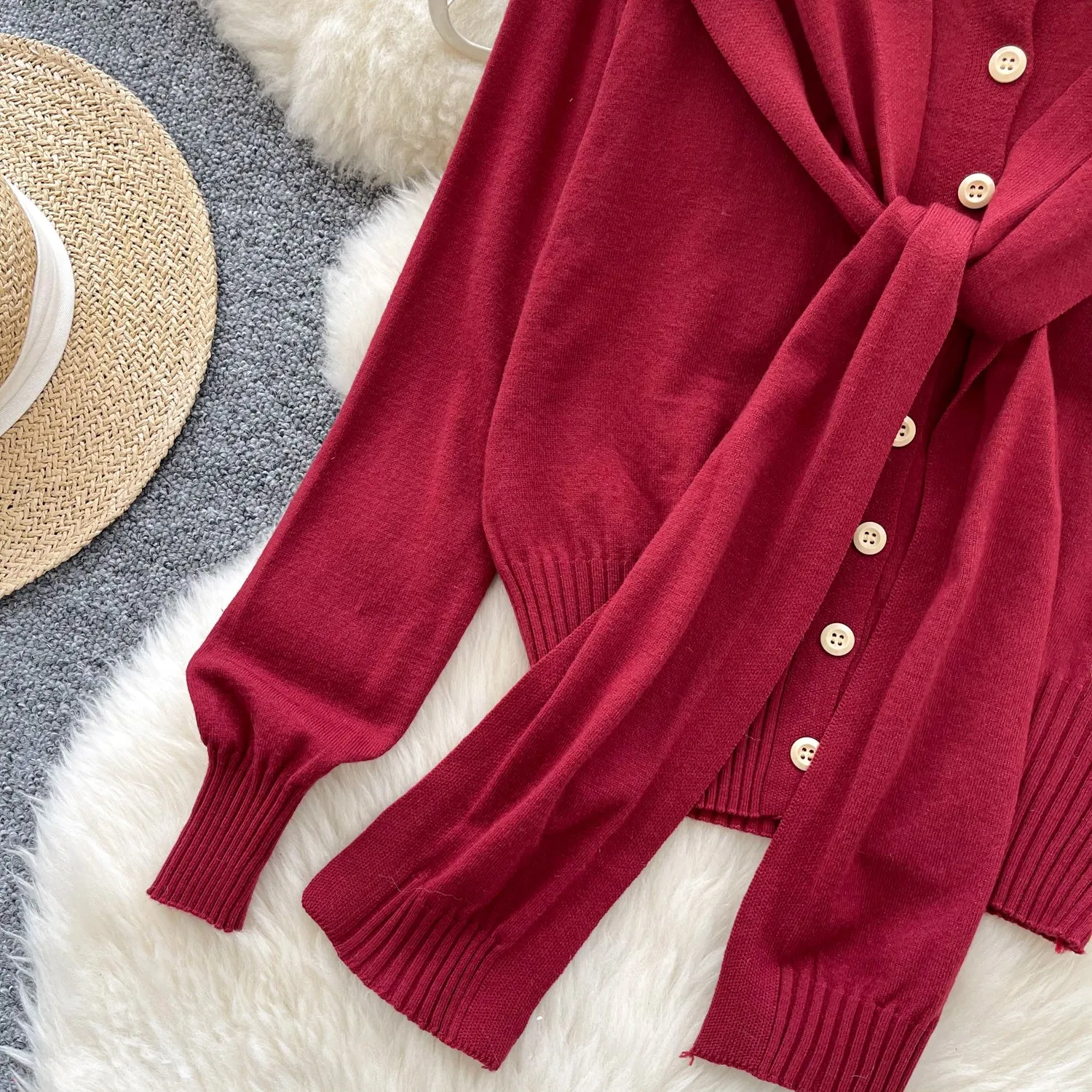 Lace-up Cape&Cardigan Knitted 2Pcs