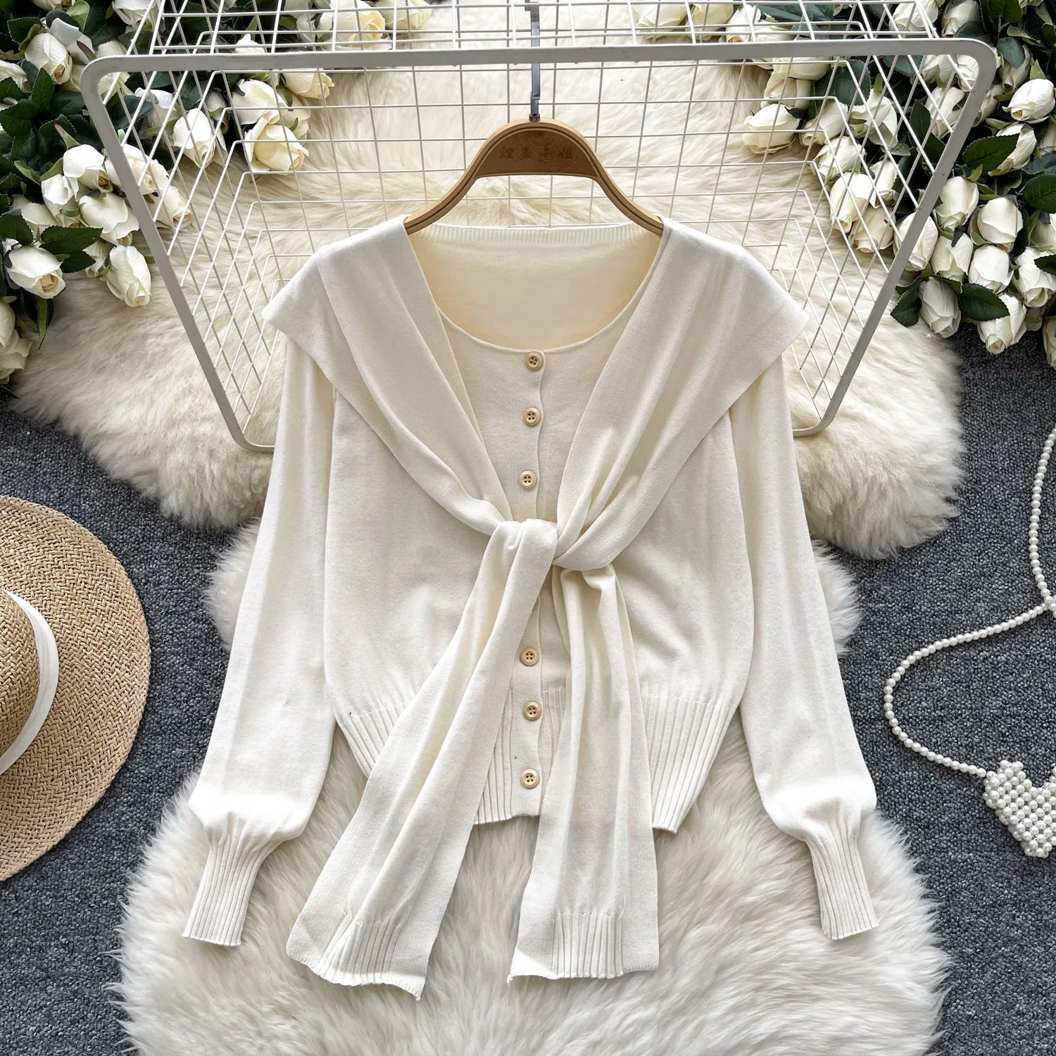Lace-up Cape&Cardigan Knitted 2Pcs