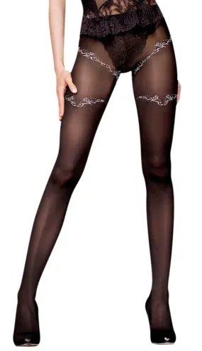 Ladies Charming Semi Sheer Black & Silver Contrast Swirly Wrap Around Print Tights