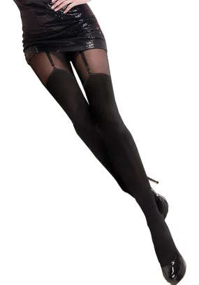 Ladies Gorgeous Sexy Black Block Colour Mock Suspender Print Tights