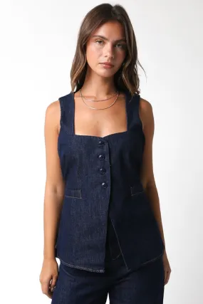 Leanna Sleeveless Partial Button Down Denim Top Dark Wash