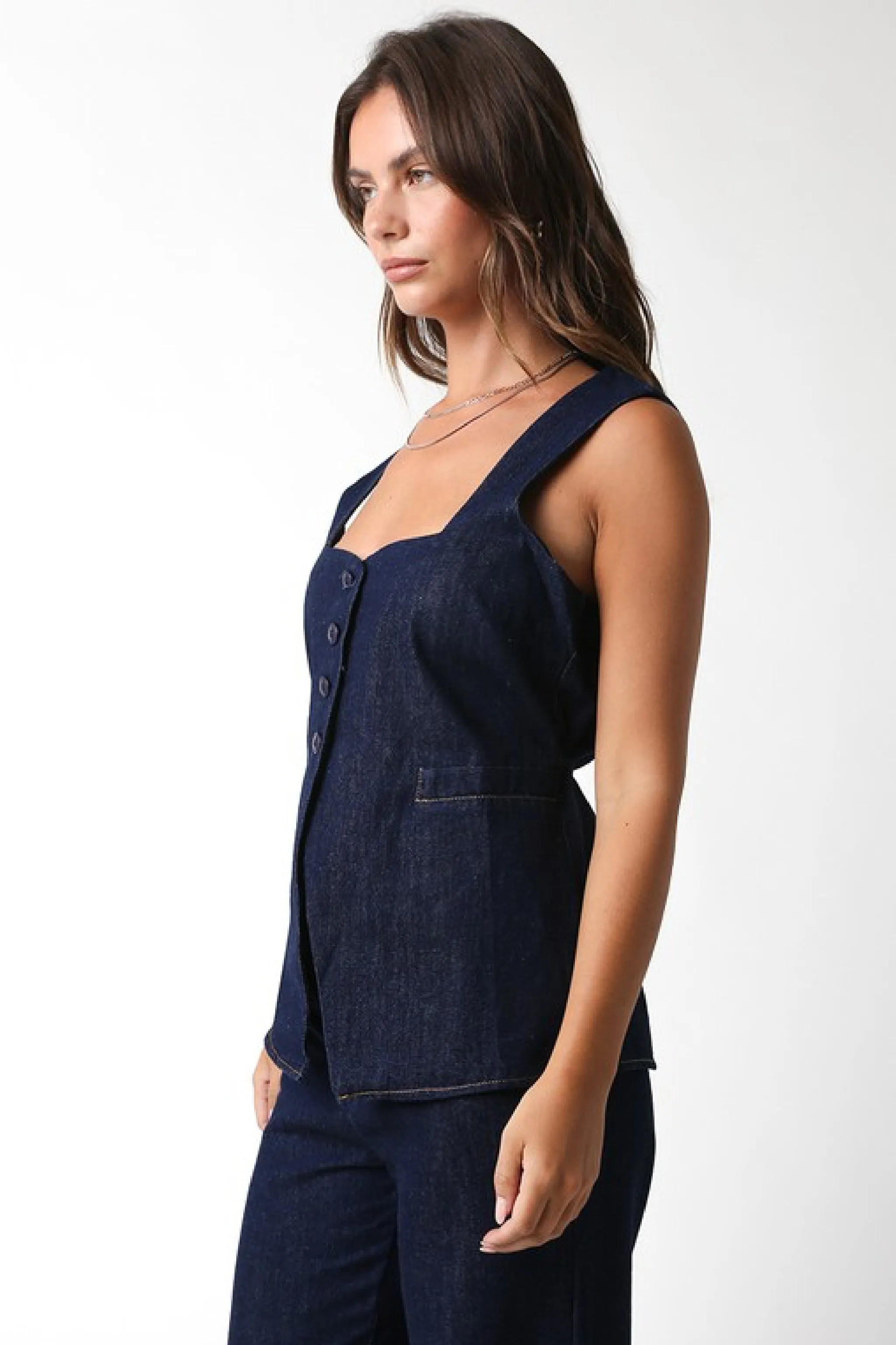 Leanna Sleeveless Partial Button Down Denim Top Dark Wash