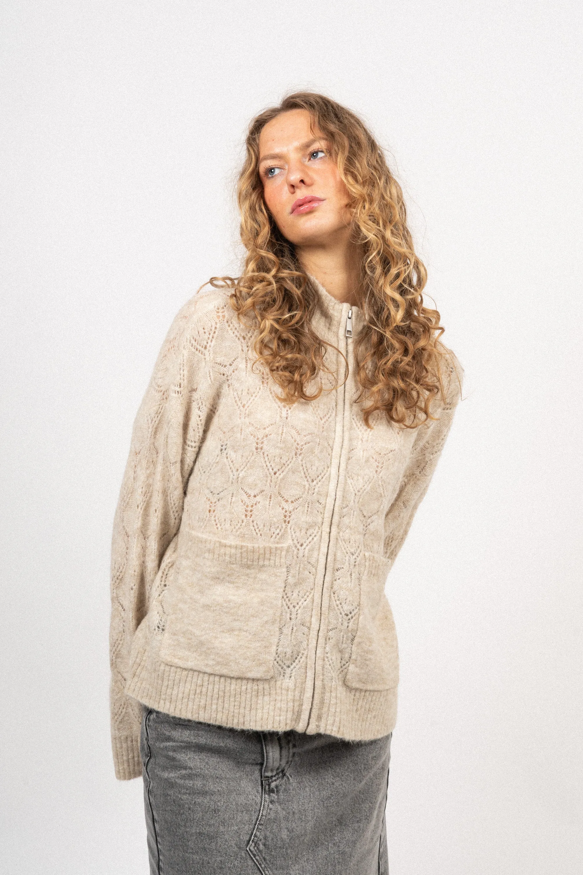 Lessine Hope Zip Cardigan - Oatmeal Melange