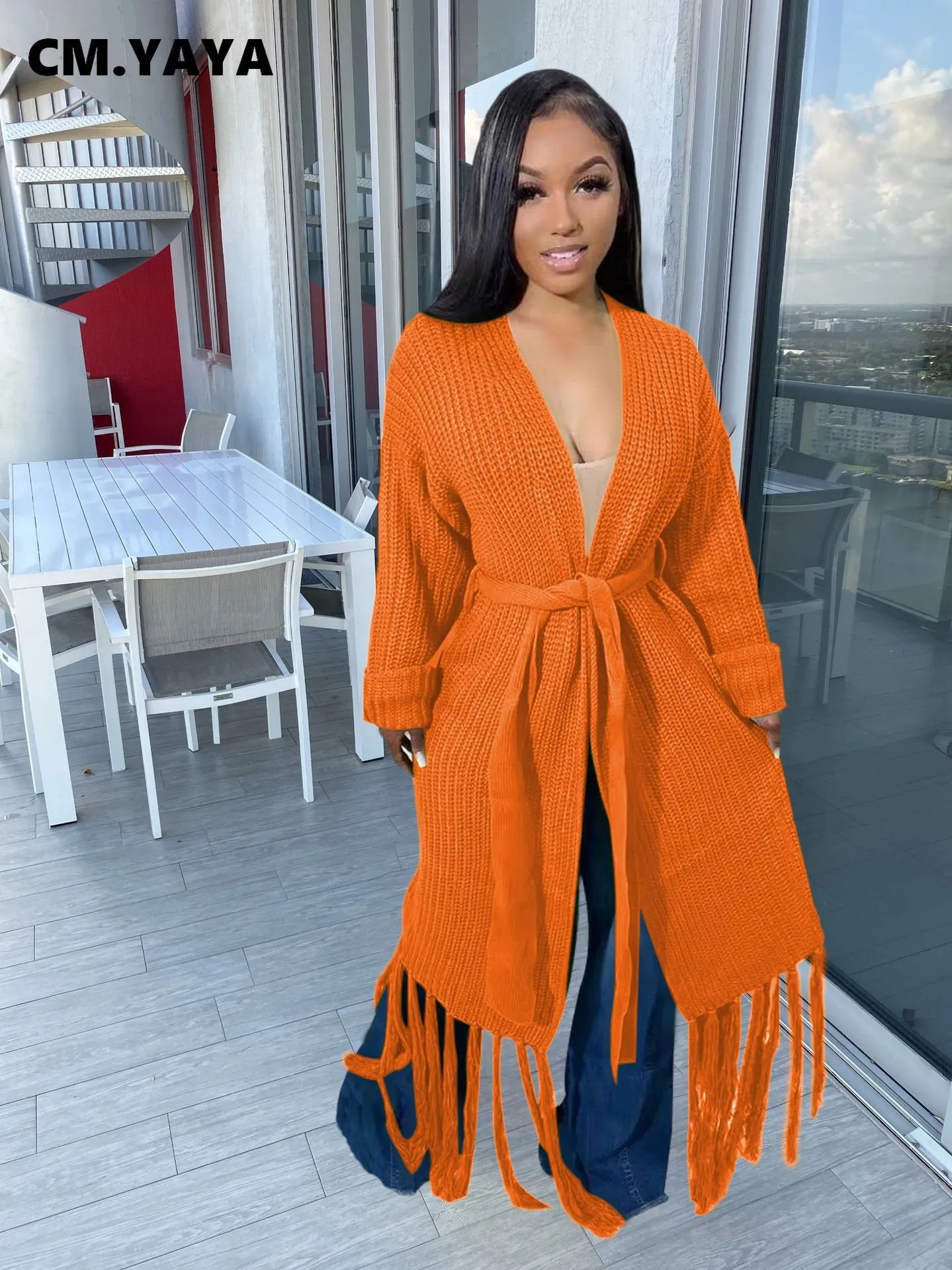 Long Sleeve Waist Tassel Hem Sweater Cardigan