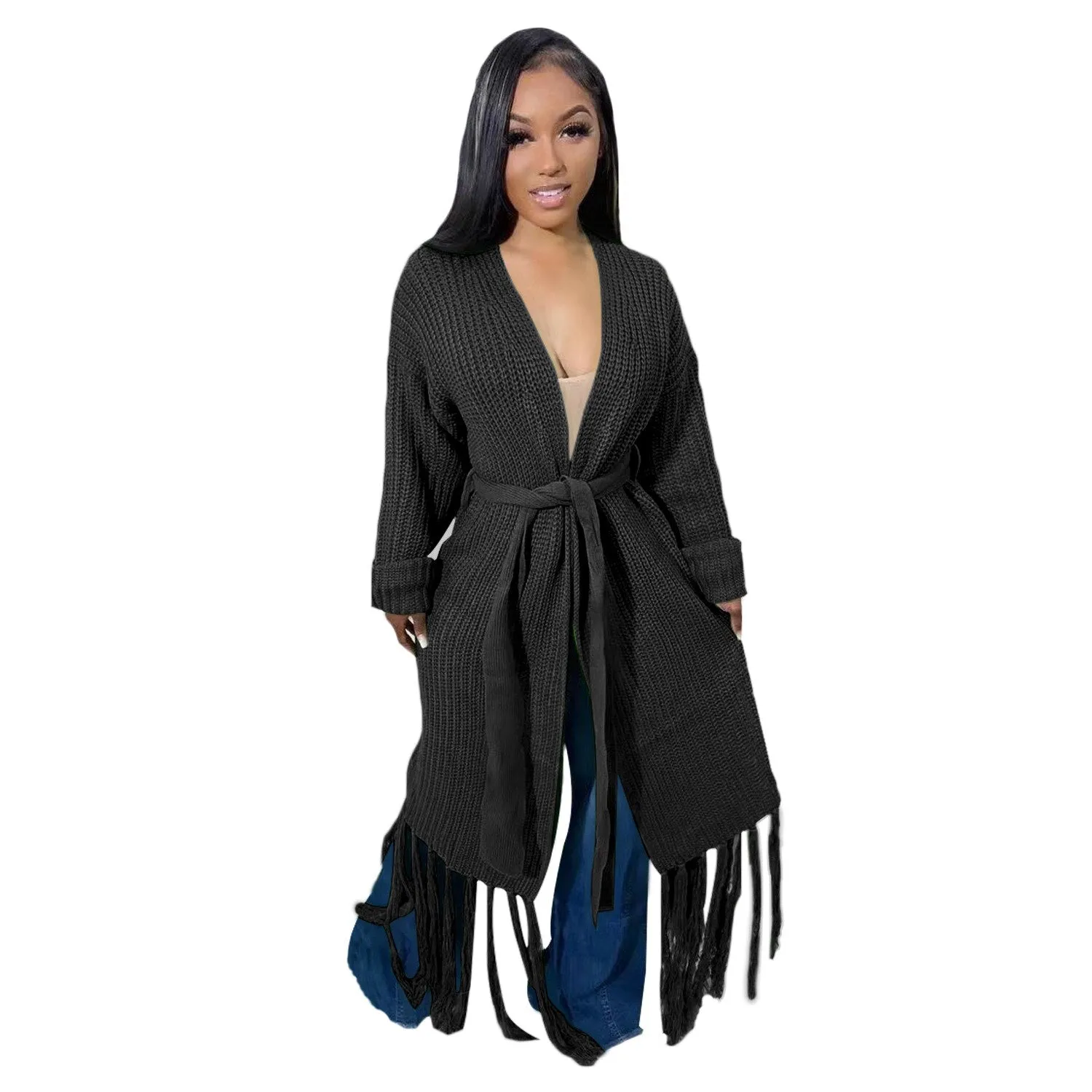 Long Sleeve Waist Tassel Hem Sweater Cardigan