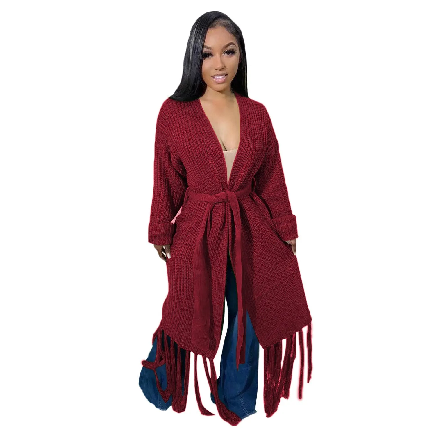Long Sleeve Waist Tassel Hem Sweater Cardigan