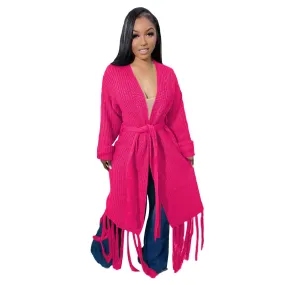 Long Sleeve Waist Tassel Hem Sweater Cardigan