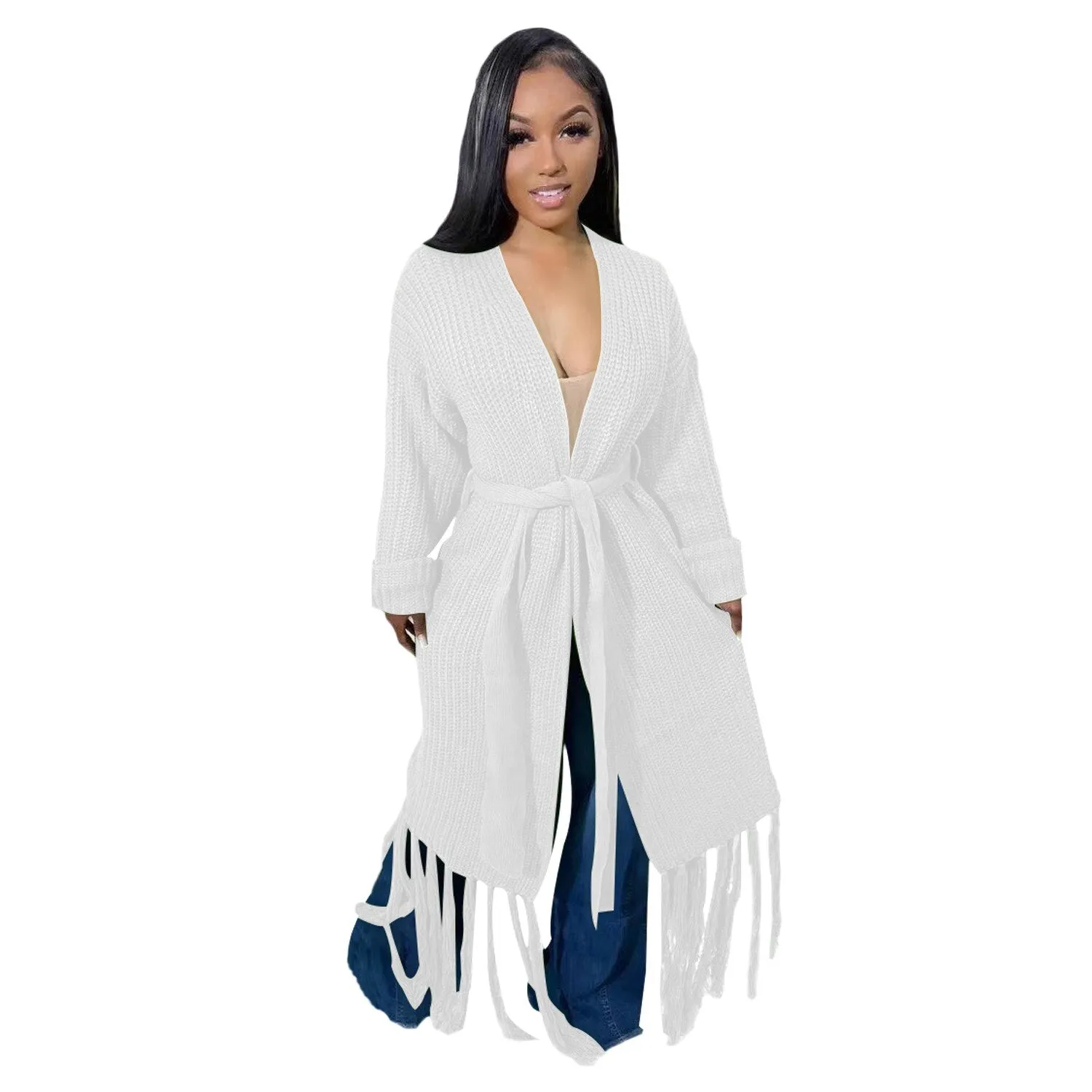 Long Sleeve Waist Tassel Hem Sweater Cardigan