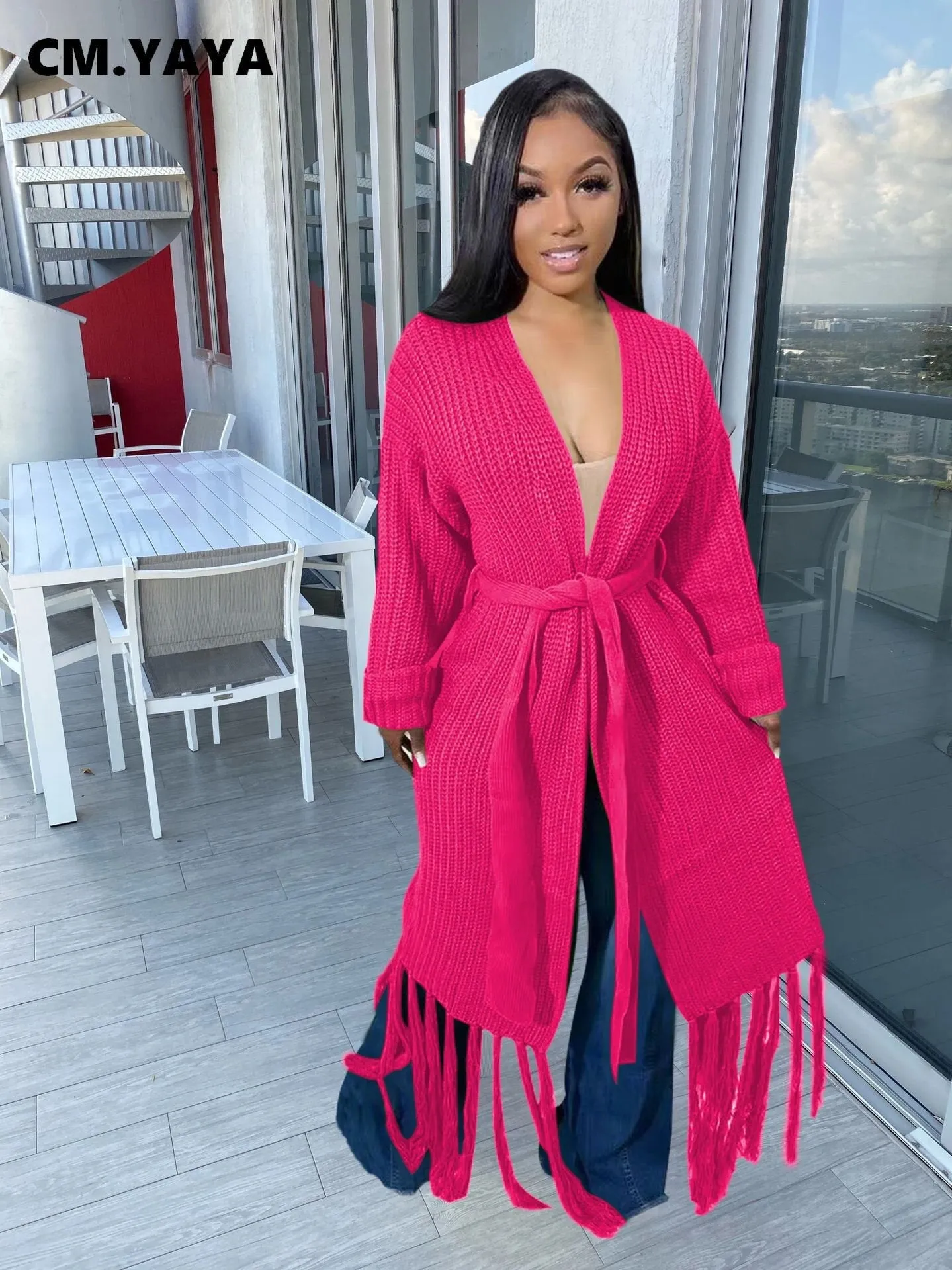 Long Sleeve Waist Tassel Hem Sweater Cardigan