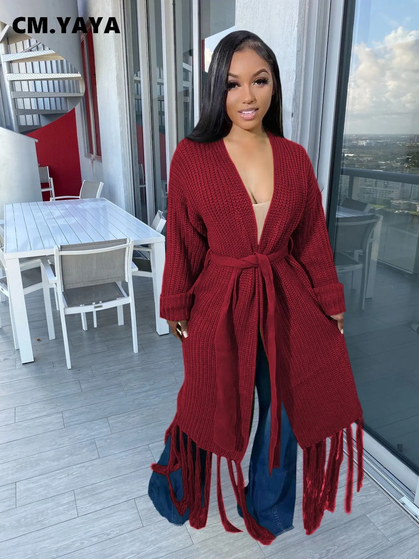 Long Sleeve Waist Tassel Hem Sweater Cardigan