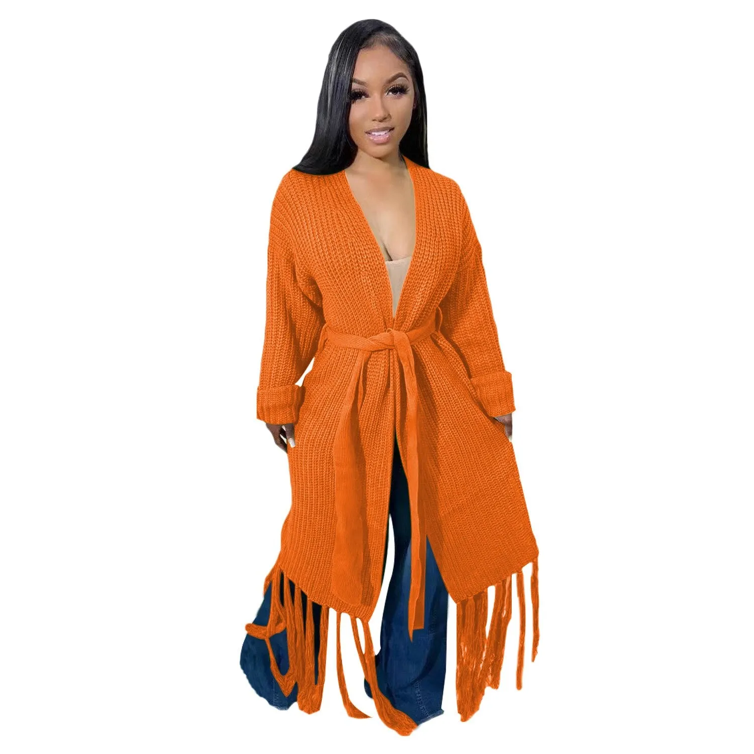 Long Sleeve Waist Tassel Hem Sweater Cardigan