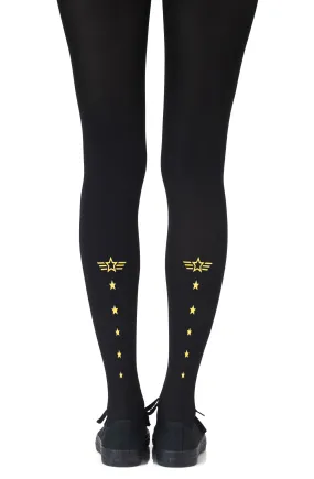 Lovely Opaque Yellow Pilot Badge Print 120 Denier Black Tights