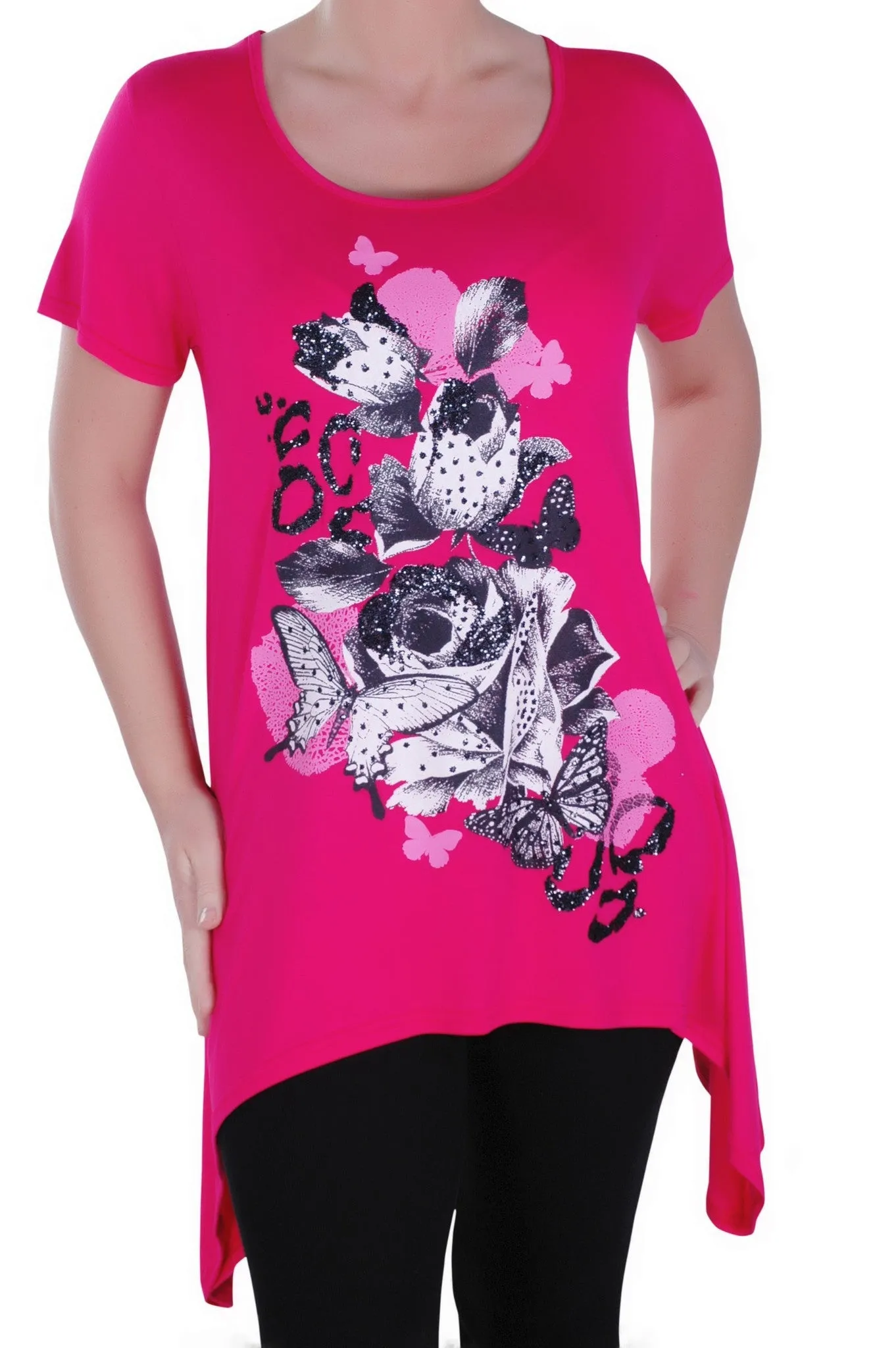 Marcia Butterfly Rose Print Scoop Neck Tunic Top