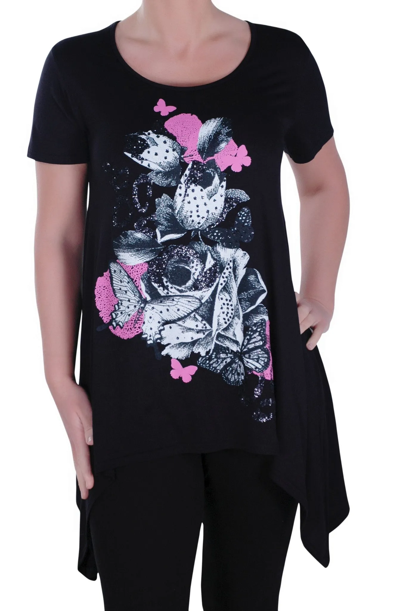 Marcia Butterfly Rose Print Scoop Neck Tunic Top