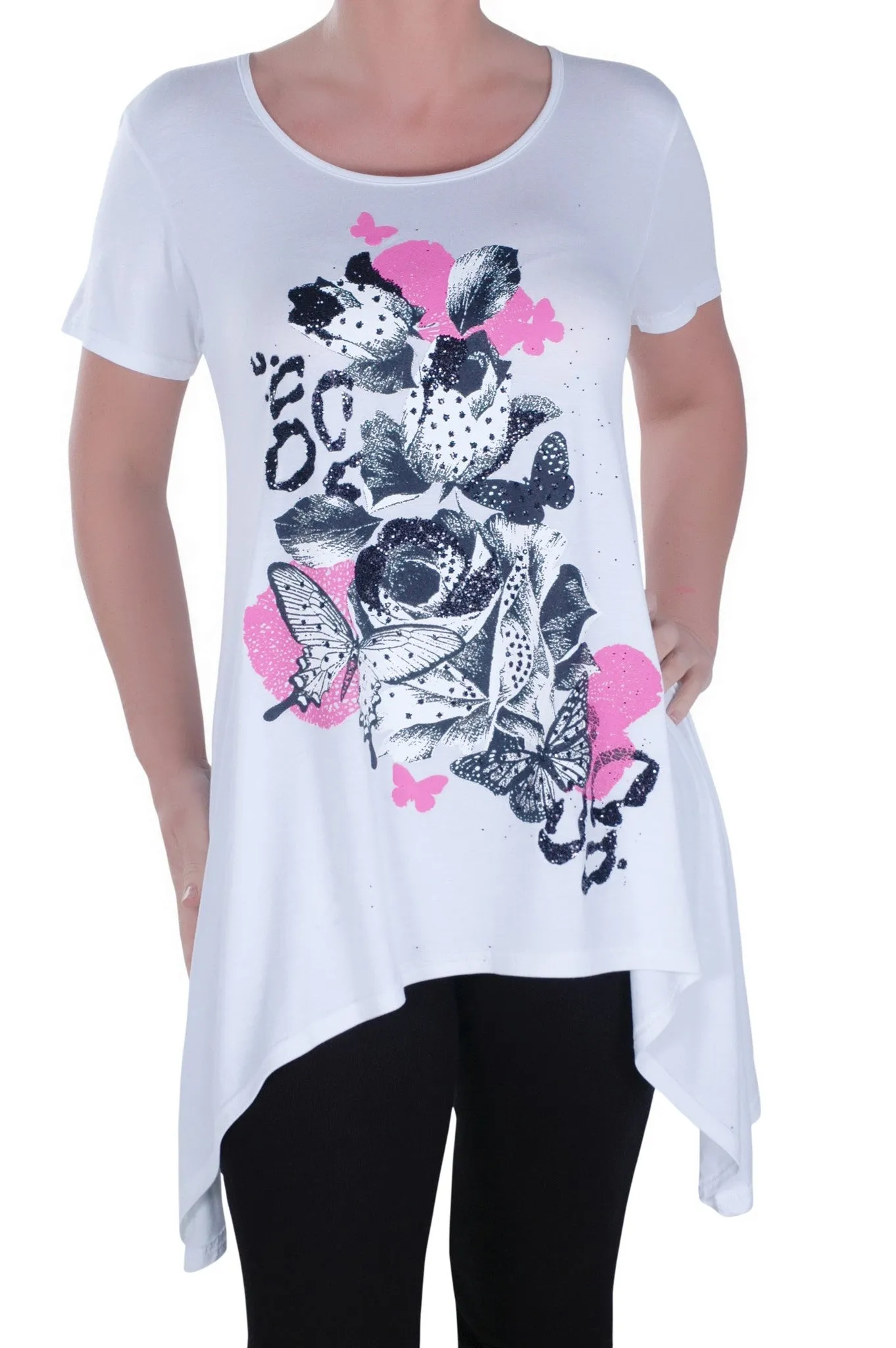 Marcia Butterfly Rose Print Scoop Neck Tunic Top