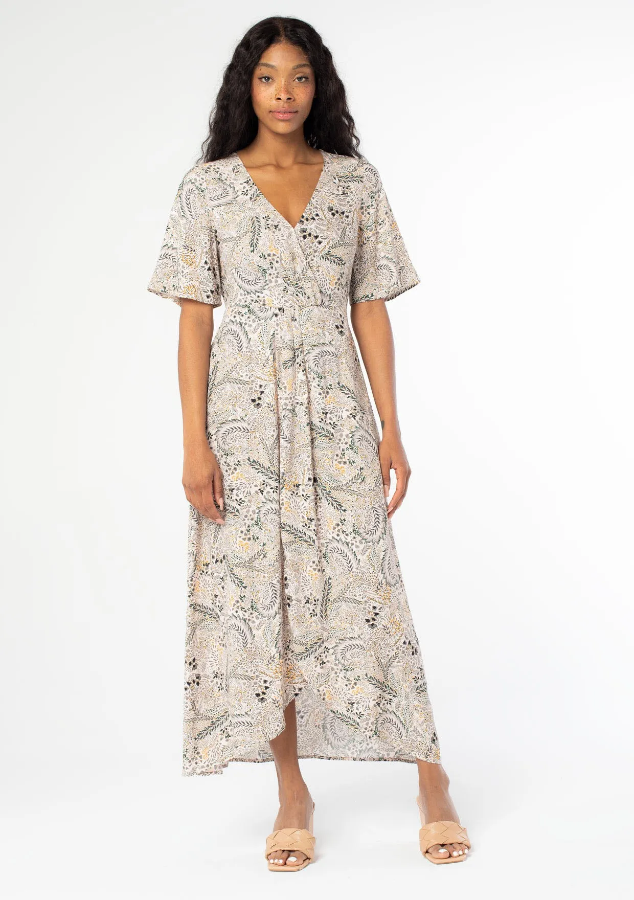 Meadow Print Asymmetrical Front Knot Midi Dress