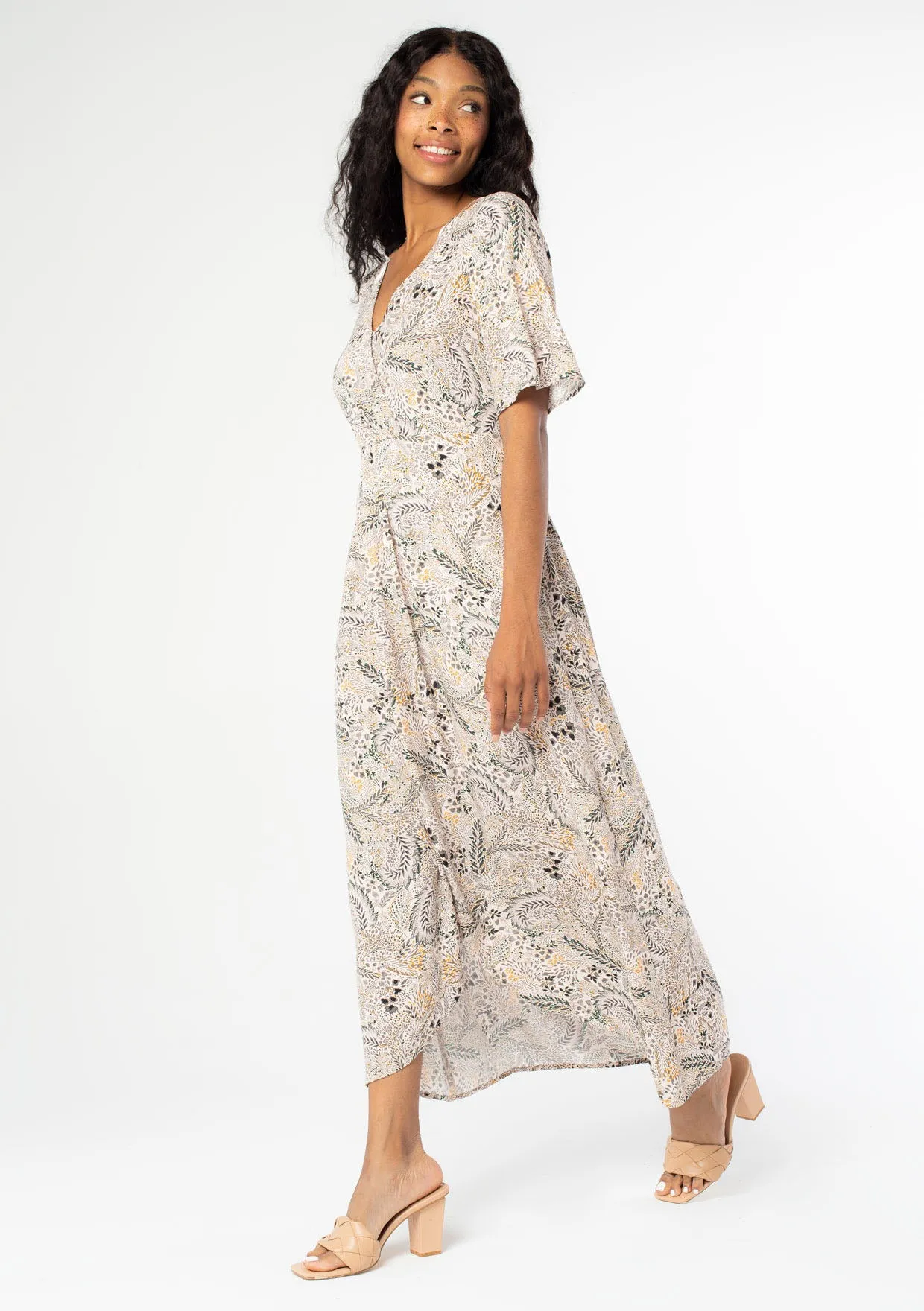 Meadow Print Asymmetrical Front Knot Midi Dress