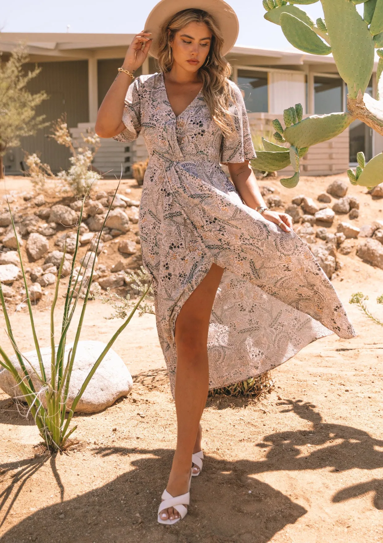 Meadow Print Asymmetrical Front Knot Midi Dress