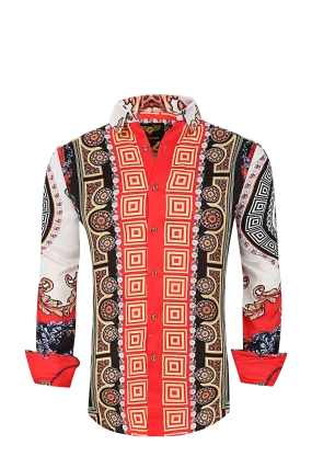 Mens PREMIERE Long Sleeve Button Down Dress Shirt Orange White Gold Pearls