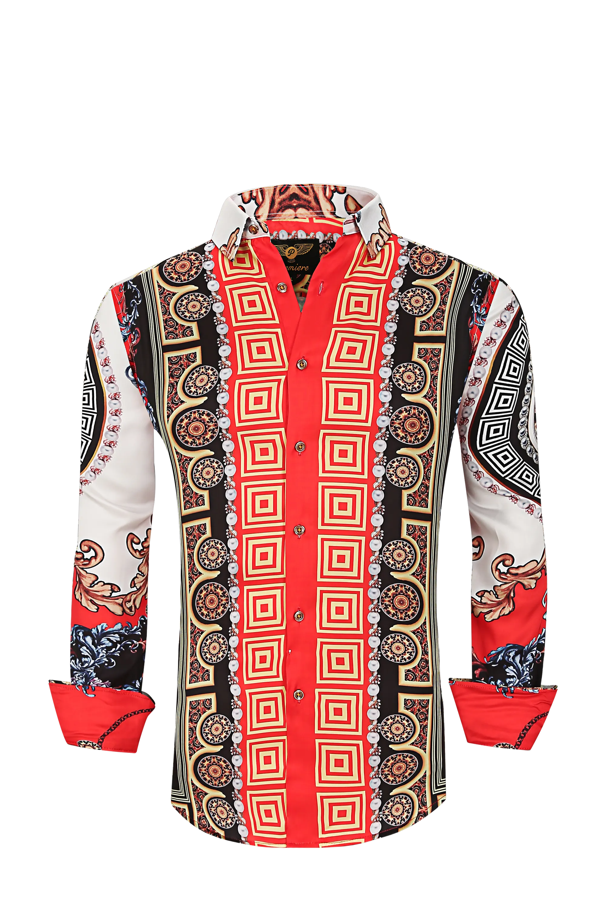 Mens PREMIERE Long Sleeve Button Down Dress Shirt Orange White Gold Pearls