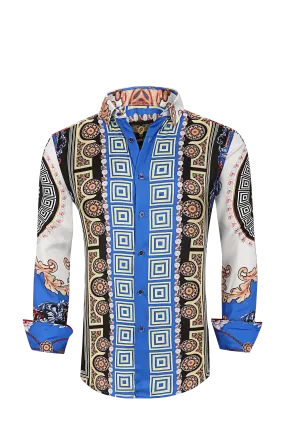 Mens PREMIERE Long Sleeve Button Down Dress Shirt Royal Blue White Gold Pearls